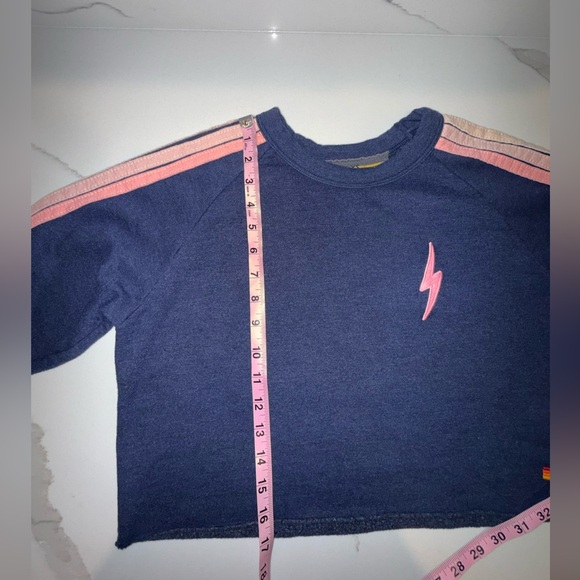 ✨rare✨Aviator Nation Cropped Blue Sweatshirt with Pastel Stripes - Picture 6 of 9